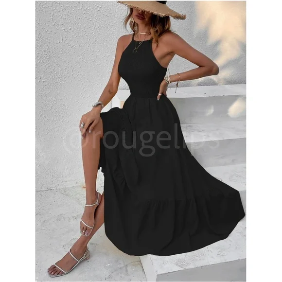 Shirred Cami Black Flared Maxi Long Dress Asymmetrical Hem - Picture 2 of 5